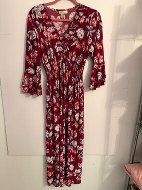 Smocked Waist Burgundy Floral Maxi Dress with Ruffle Sleeves